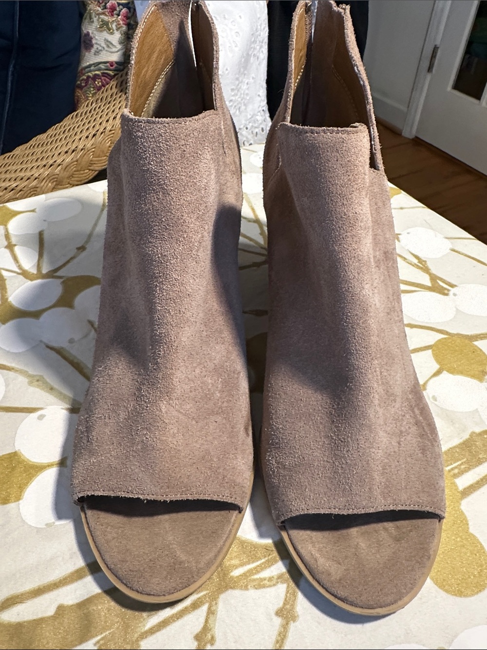 Susina Brand Women's Leather Suede Open-Toe Ankle Boots in Taupe, Back Zip, 11M